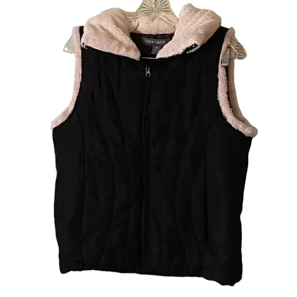 Cute black vest by Contact, size M with ivory fleece trim and front pockets - Picture 1 of 8